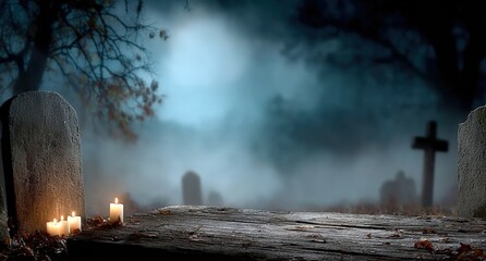 Fototapeta premium Graveyard on a dark, foggy night with flickering candles, creating a creepy, mysterious, and Halloween atmosphere