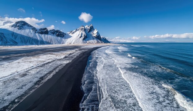 Snowy black sand beach meets ocean, dramatic mountains