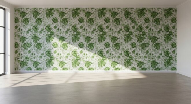 Bright Interior Background with Tropical Green Leaf Wallpaper and Concrete Floor