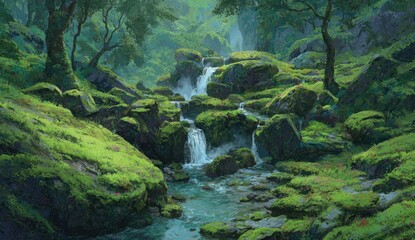 Lush, misty mountain stream cascading over mossy rocks