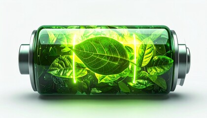 Eco-friendly battery with a glowing green leaf symbol, representing clean energy and sustainability on a white background