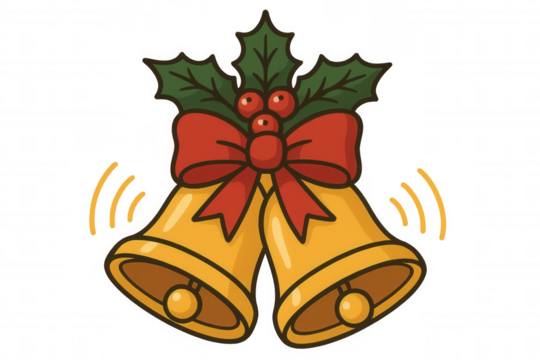 Ringing christmas bells decoration with red bow and holly berries for festive holiday season on transparent background