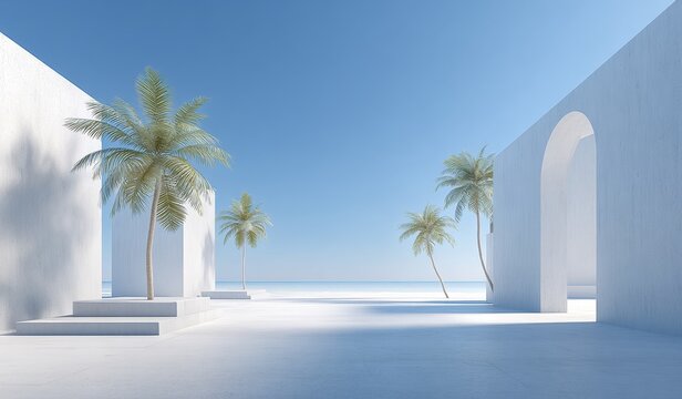 A modern white architectural space with palm trees by the sea, under a clear blue sky, showcasing a minimalist and serene coastal scene. - Powered by Adobe