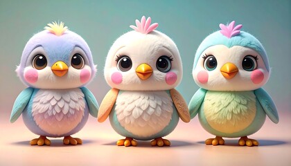 Three adorable cartoon penguins in pastel colors