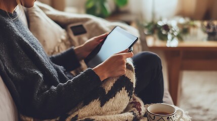 Person holding tablet and cozy blanket, cup of coffee on table. Relaxed Cyber Monday browsing experience at home