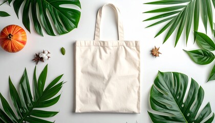 A plain white canvas tote bag is displayed amidst a variety of lush green tropical leaves, creating a natural and eco-friendly aesthetic