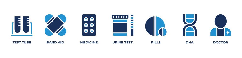 Key Medical  Icons set vector illustration blue with  TEST TUBE, BAND AID, MEDICINE, URINE TEST, PILLS, DNA, DOCTOR