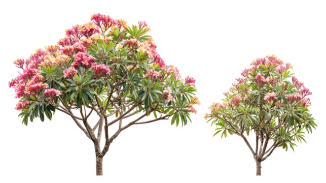 Two blooming rhododendron trees with pink flowers on a black background