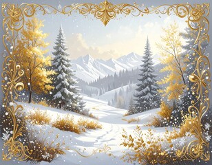 Snowy mountain landscape with golden accents