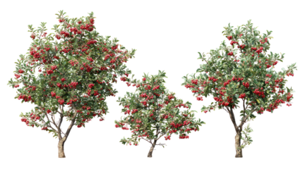 Three fruit bearing trees against a black background