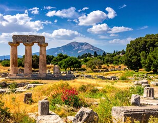 Ancient ruins, mountains, and sky