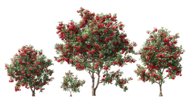 Lush trees laden with abundant red berries against a dark background