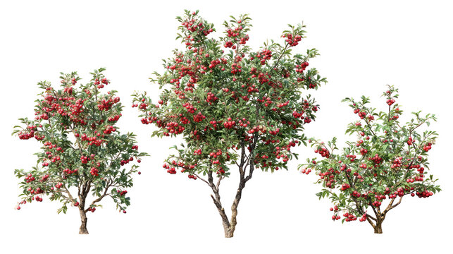 Three lush trees laden with ripe red apples against a black background