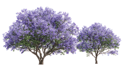 Two lush jacaranda trees in full bloom against a black background