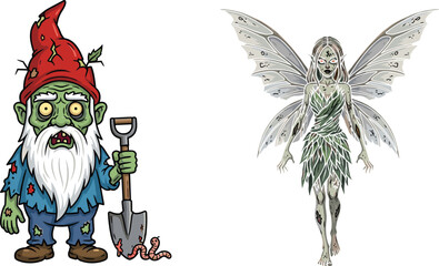Zombie garden gnome with shovel, creepy fairy with wings illustration, Halloween undead fantasy characters, spooky cartoon monster art design drawing