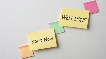 Steps to Success: "Start Now, Well Done" on Sticky Notes