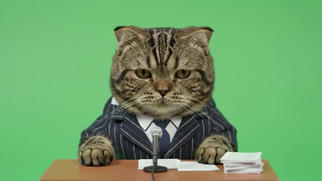 A serious tabby cat in a business suit gives a press conference at a podium with a microphone against a green screen