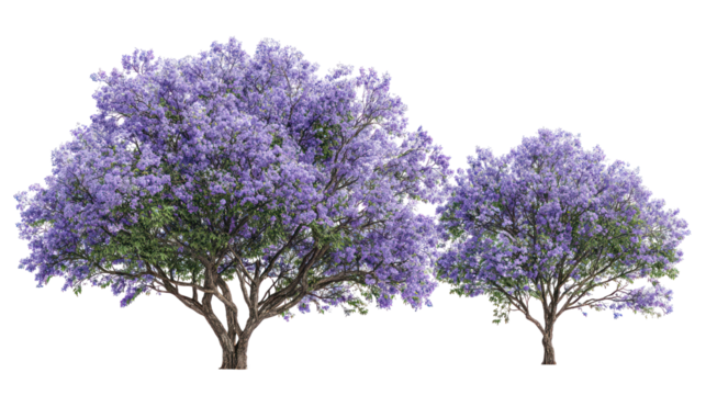 Two lush jacaranda trees in full bloom against a black background