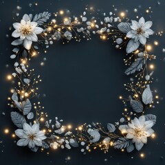 Elegant floral wreath with glowing lights arranged on a dark background for festive decor