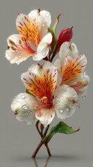 Vibrant alstroemeria flowers adorned with water droplets against a minimalist background