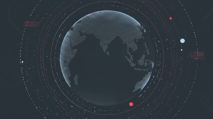 Abstract digital animation of a rotating earth globe with orbiting elements - Powered by Adobe