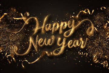 Festive Happy New Year Typography with Golden Glow and Fireworks on Transparent Background
