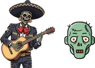 Zombie mariachi skeleton playing guitar illustration, Mexican undead musician artwork, scary Halloween skull character, cartoon horror head design vector
