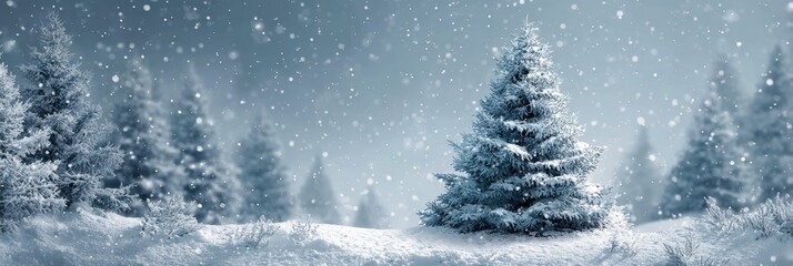 Winter landscape with snow-covered trees in a serene forest during a snowfall at dawn