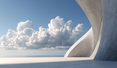 A modern concrete architectural form contrasts with a clear blue sky filled with fluffy white clouds, showcasing a sleek and minimalist design.