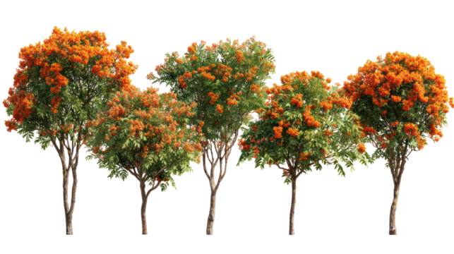 Vibrant orange trees in full bloom against a black background