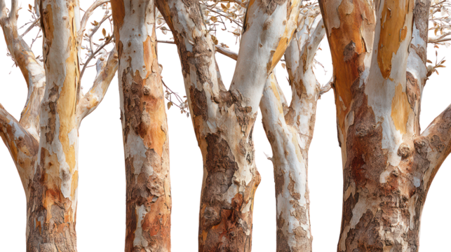 Close up of peeling bark on multiple tree trunks against a dark background