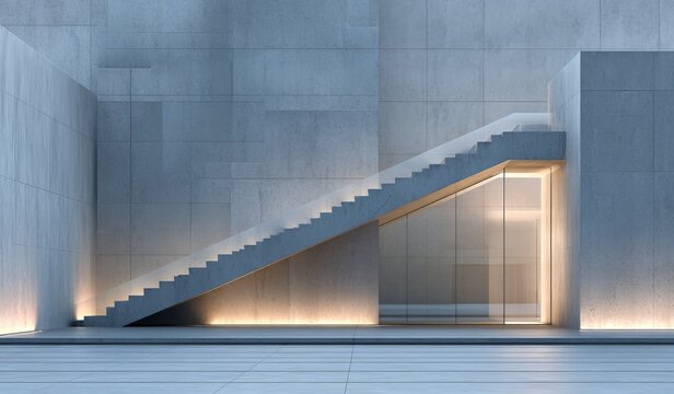 A modern concrete staircase with illuminated details in a minimalist architectural setting, showcasing clean lines and contemporary design.