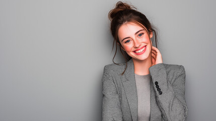 Obraz premium Portrait of smiling young woman in blazer with hair bun on gray background studio shot