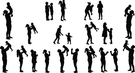 Adult and child silhouette set, parenting moments, playful interaction, caregiving bond, black vector art, love, trust, family connection