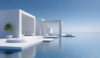 Fototapeta premium A modern white architectural design by the calm blue water, featuring minimalist structures and serene relaxation space.
