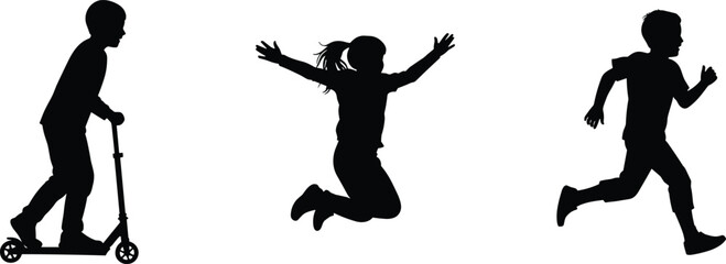 Children activity silhouette set, scooter riding, jumping pose, running motion, black vector icons, playful movement, fitness, energy design