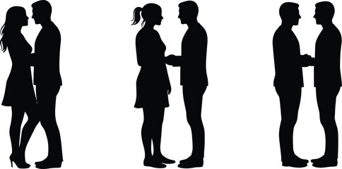 Couple and formal silhouettes, face-to-face pose, black vector icons, romantic gesture, hand holding, suit and dress, white background, interaction concept