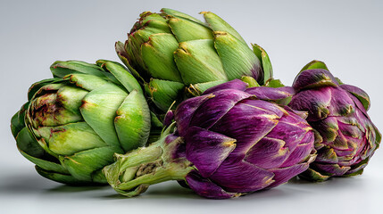 Obraz premium Fresh artichokes with vibrant green and purple tones, high detail, isolated on a clean white background