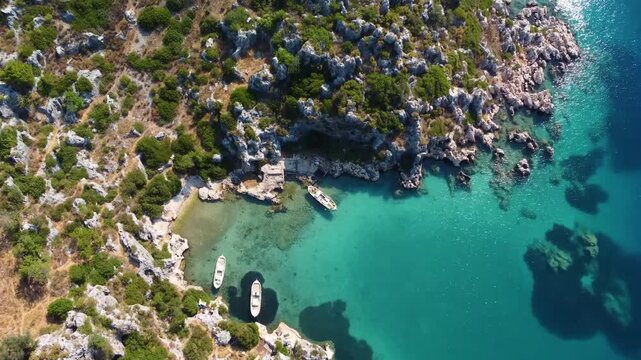 Simena Kalesi Kalek&ouml;y and the serene turquoise waters of Kekova Bay from an aerial perspective. This stunning drone footage captures the historic castle ruins, charming coastal village, and crystal cl