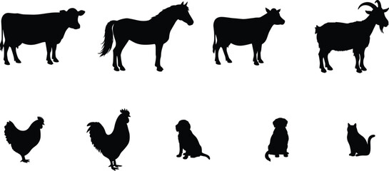 Farm animal silhouettes, cow, horse, goat, hen, rooster, puppy, cat icons, black vector, pet design, rural livestock graphic