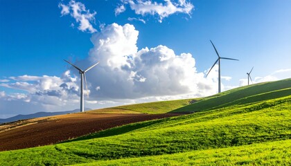 Serene green rolling hills under a vibrant blue sky dotted with fluffy white clouds, featuring modern wind turbines generating clean energy