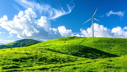 Lush green rolling hills under a vast blue sky with a lone wind turbine, symbolizing clean and renewable energy generation in a natural landscape