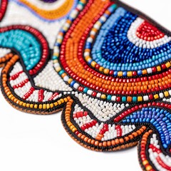 Indigenous beadwork pattern close-up, macro photography style, vibrant colors, isolated on white background, modern product mockup.