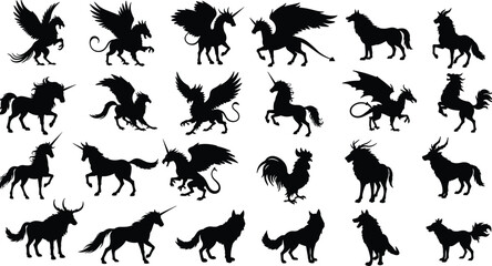 Mythical animal silhouette collection, fantasy creature icons, black vector set, unicorns dragons pegasus hybrids, creative character design grid