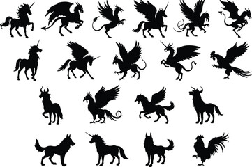Mythical creature silhouette collection, fantasy animal hybrids, black vector icons, dragons unicorns pegasus wolves, creative character design set