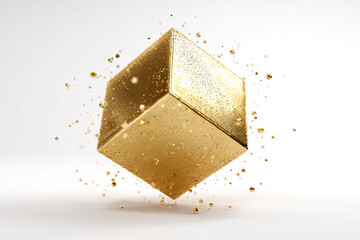 Shiny Golden 3D Sphere, Cube, and Pyramid Floating with Sparkles on Transparent Background