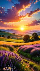Stunning lavender field at sunset
