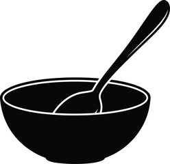 Simple black silhouette bowl with spoon breakfast meal preparation abstract food graphic vector
