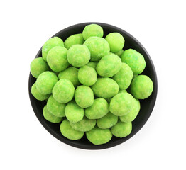 Delicious wasabi coated peanuts in bowl isolated on white, top view