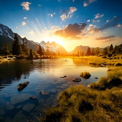 Stunning mountain lake at sunrise